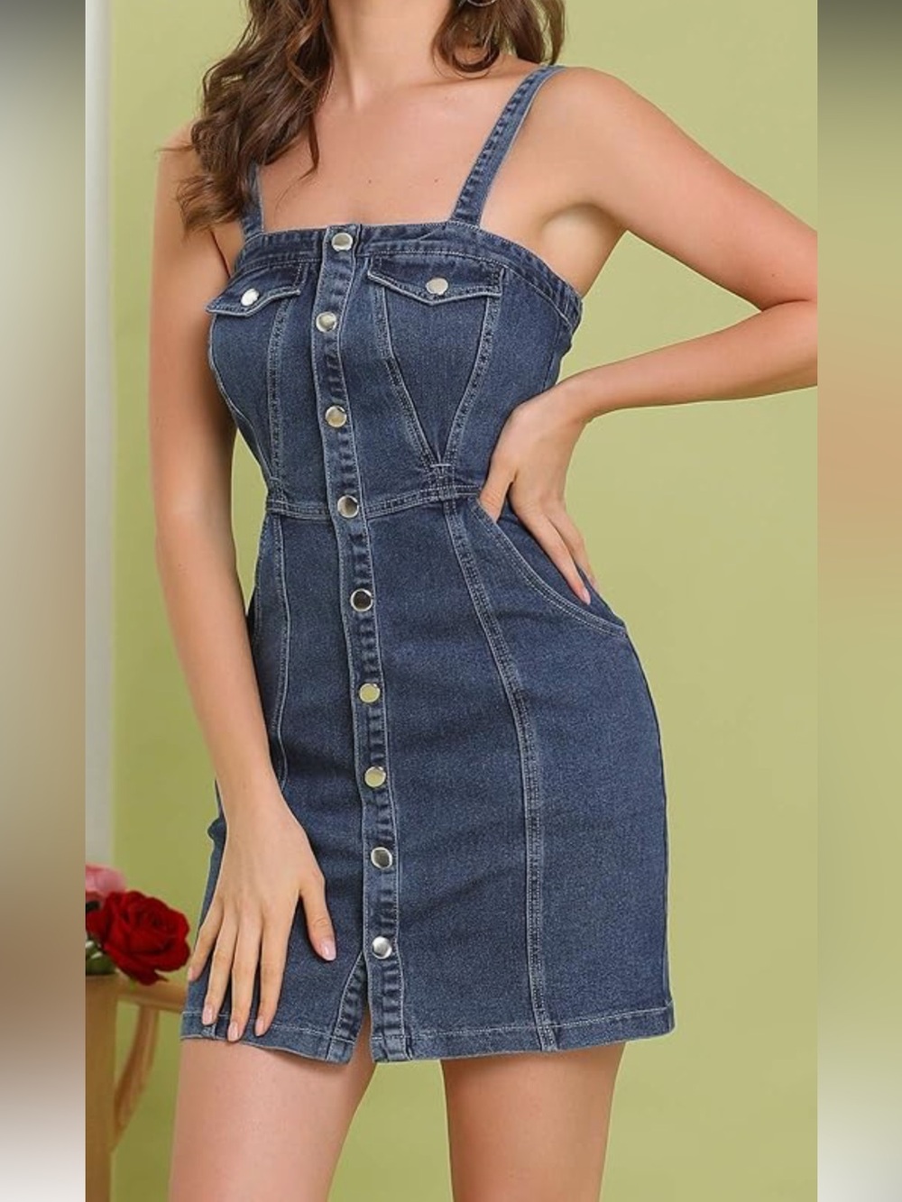 Allegra K Dark Blue Button Front Overall Denim Mini Dress